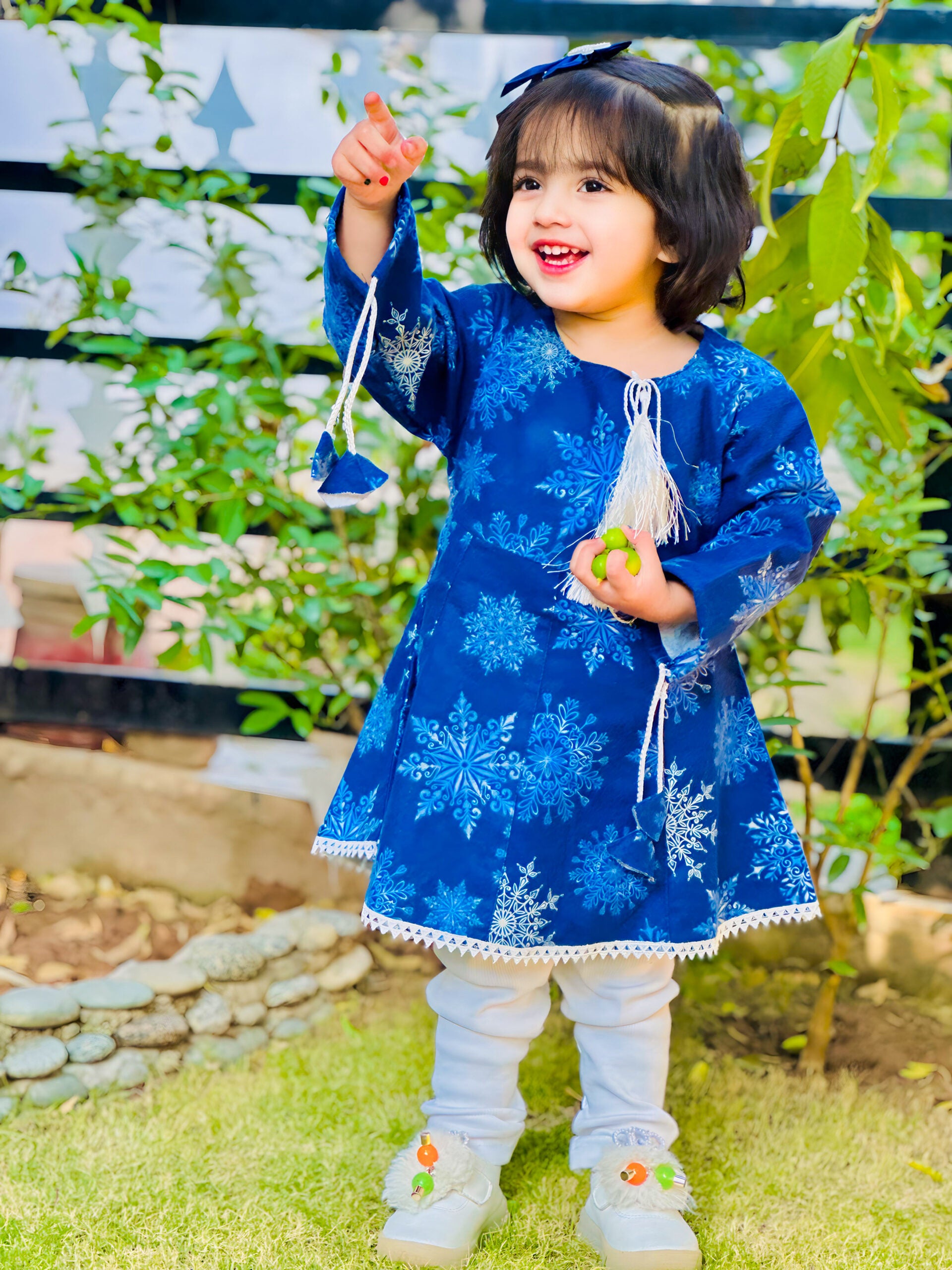 Blue Flannel  Winter Trendy Fashion Flower Frock