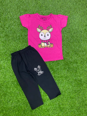 Dark Pink Cartoon  T-Shirt & Trouser Summer Duo Premium pair for Girls