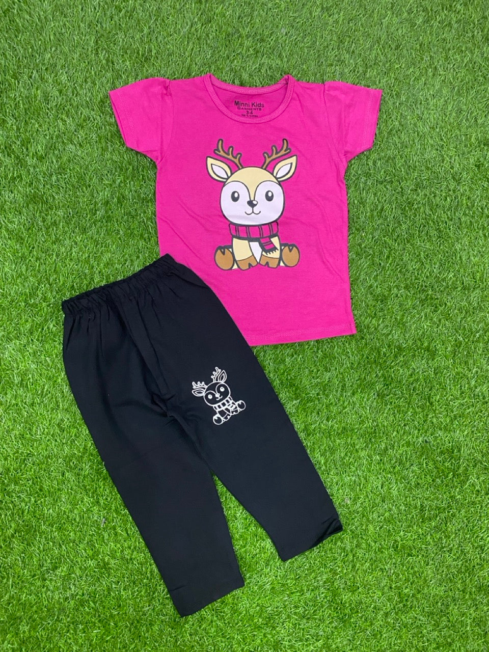 Dark Pink Cartoon  T-Shirt & Trouser Summer Duo Premium pair for Girls