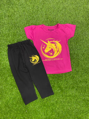 Dark Pink Unicorn  T-Shirt & Trouser Summer Duo Premium pair for Girls