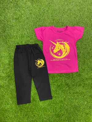 Dark Pink Unicorn  T-Shirt & Trouser Summer Duo Premium pair for Girls