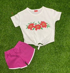Breezy White Bloom Trendy Knot Flower T-Shirt & Short Se