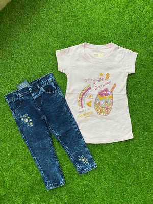Happy Vibes - "Smile Everyday" Girls Shirt Paired with Premium Quality Blue Jeans