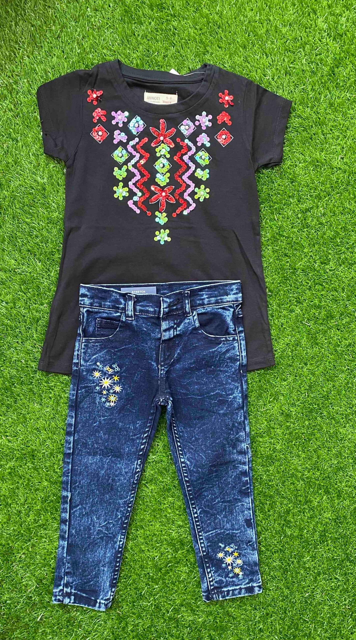 Midnight Gems - Black Shirt with Beads Paired with Premium Quality Blue Jeans