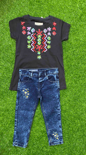 Midnight Gems - Black Shirt with Beads Paired with Premium Quality Blue Jeans