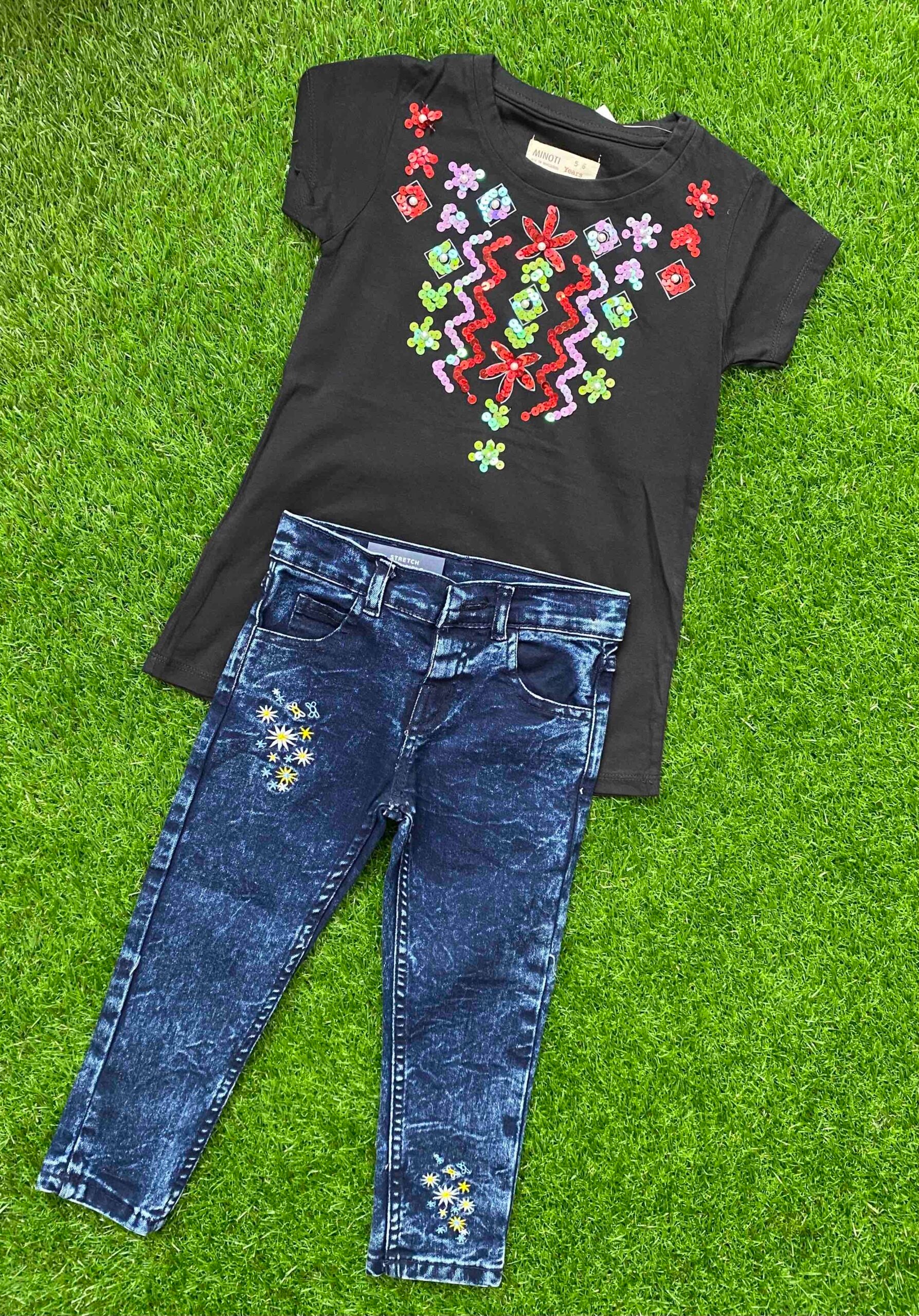 Midnight Gems - Black Shirt with Beads Paired with Premium Quality Blue Jeans