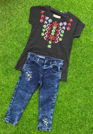 Midnight Gems - Black Shirt with Beads Paired with Premium Quality Blue Jeans