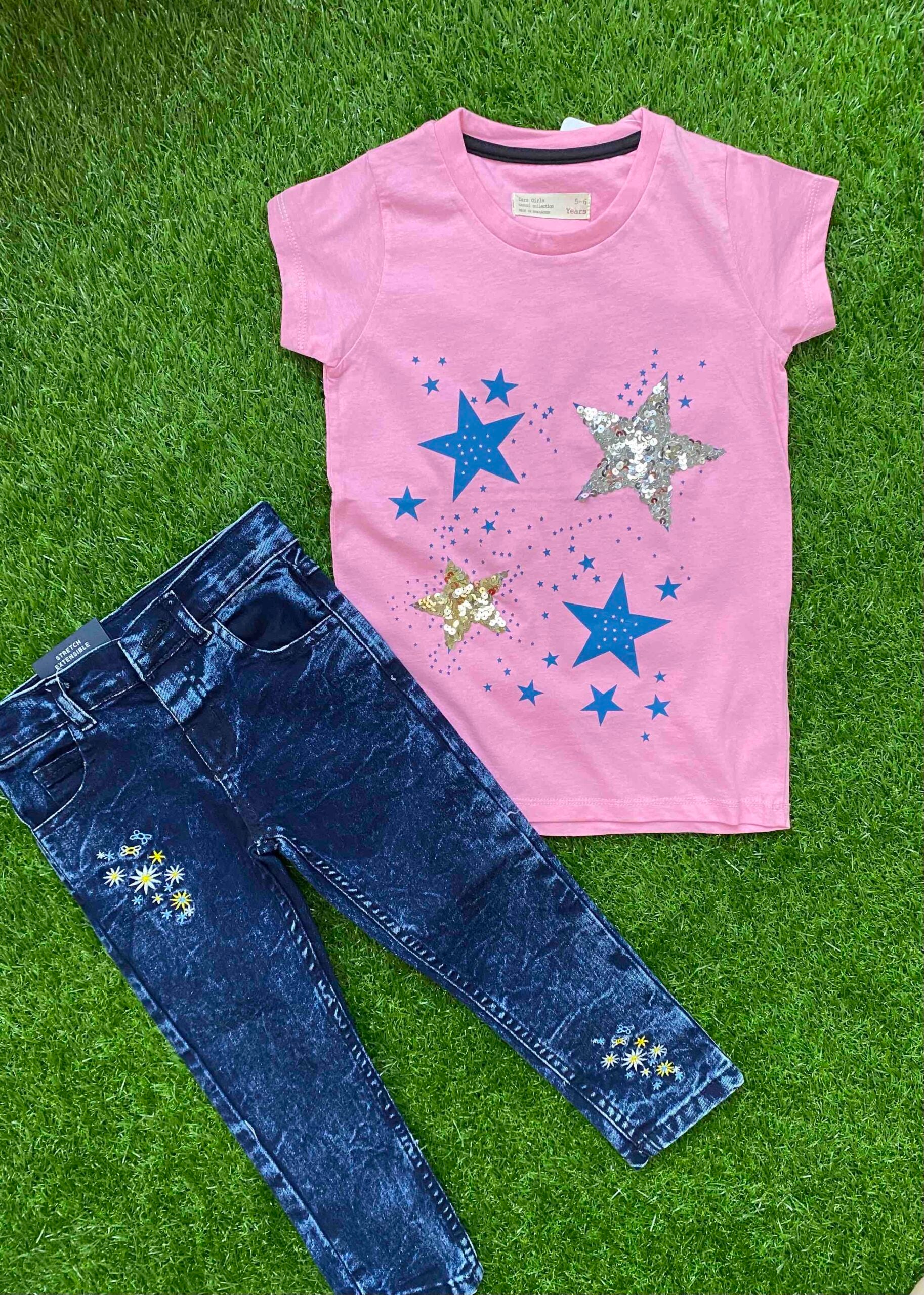 Starry Dreams - Pink Shirt with Stars Paired with Premium Quality Blue Jeans
