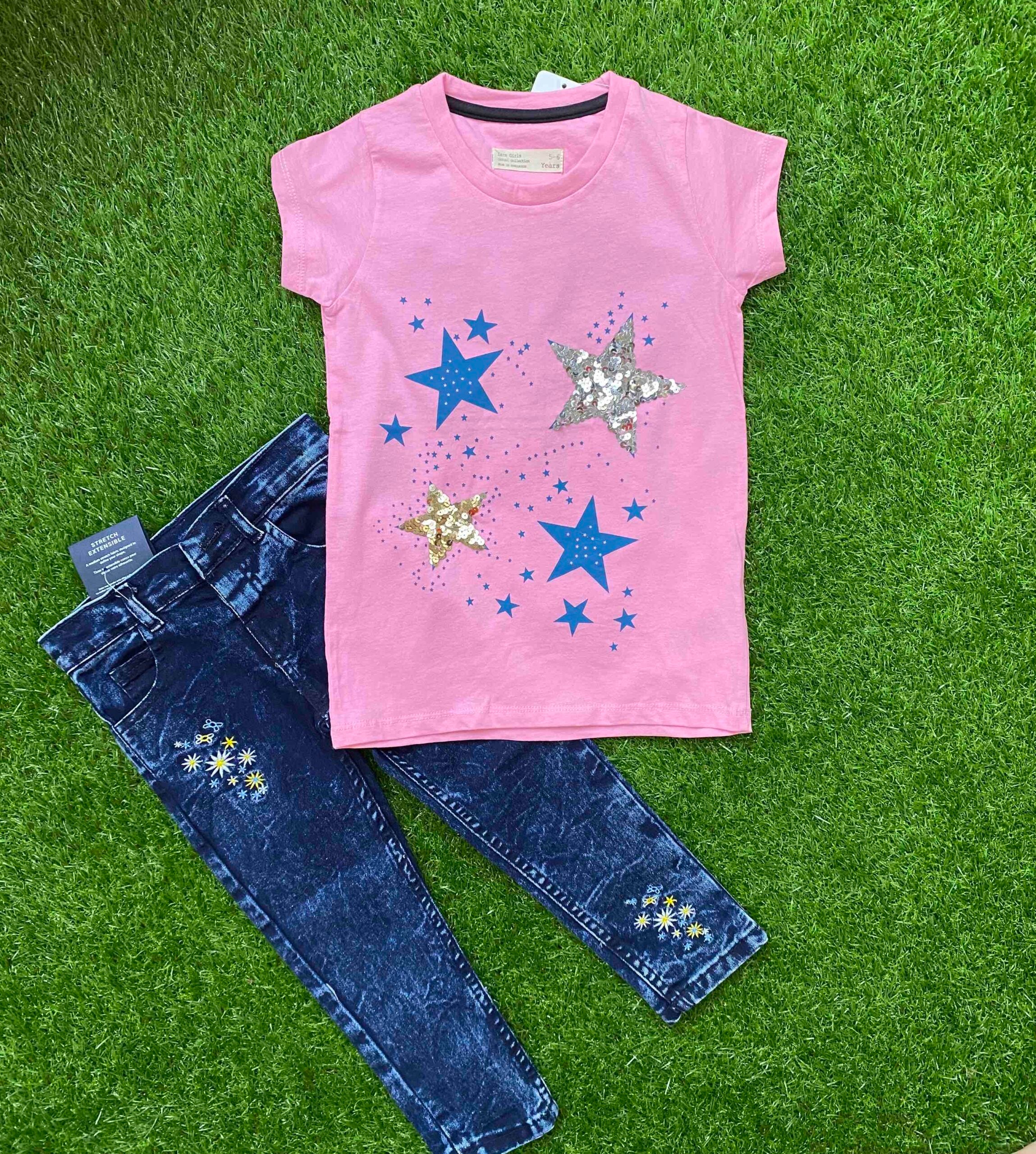 Starry Dreams - Pink Shirt with Stars Paired with Premium Quality Blue Jeans