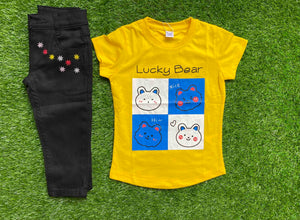 Lucky Bear - Yellow Shirt for Girls Paired with Black Jeans