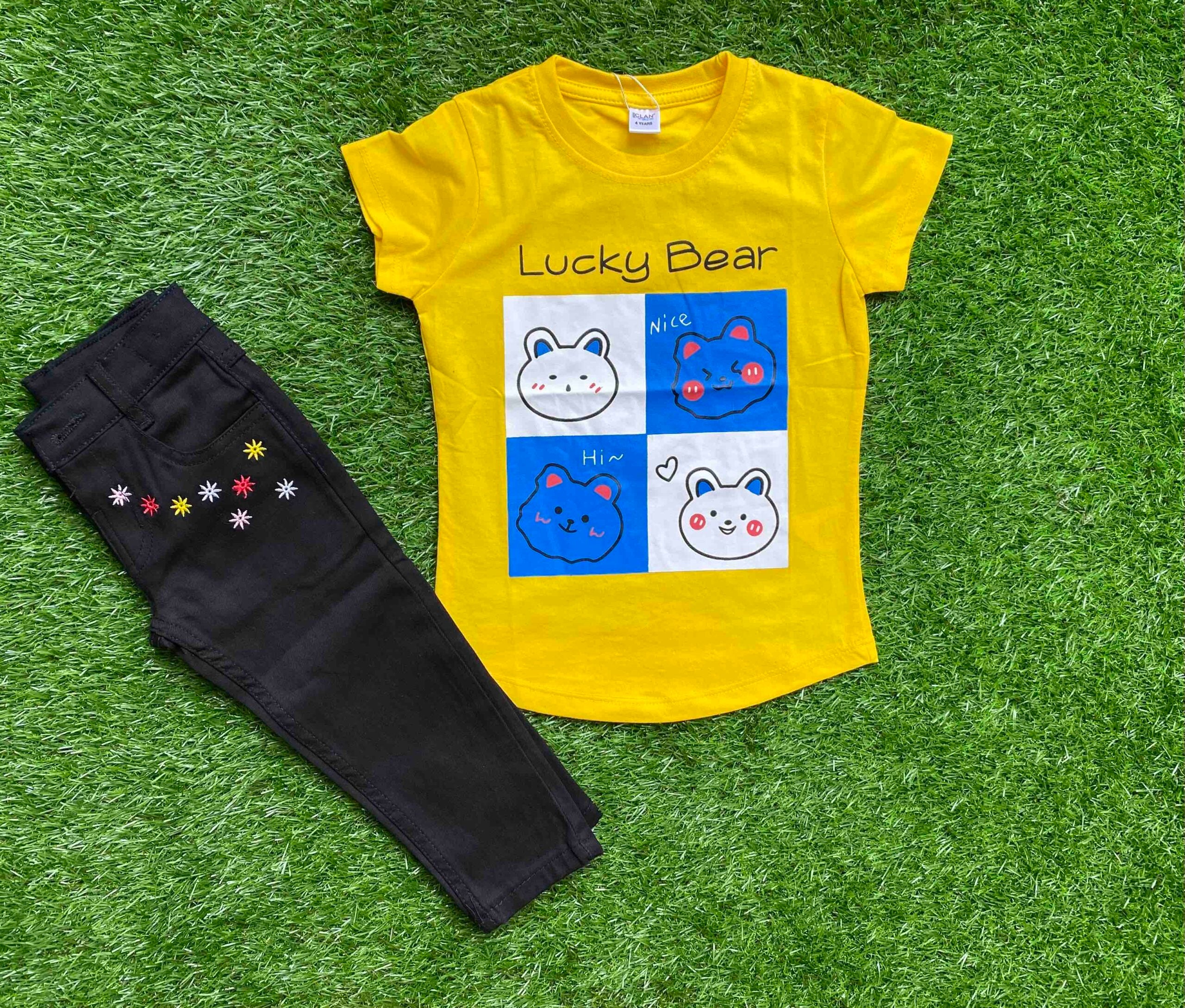 Lucky Bear - Yellow Shirt for Girls Paired with Black Jeans
