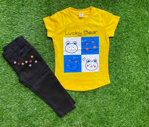 Lucky Bear - Yellow Shirt for Girls Paired with Black Jeans