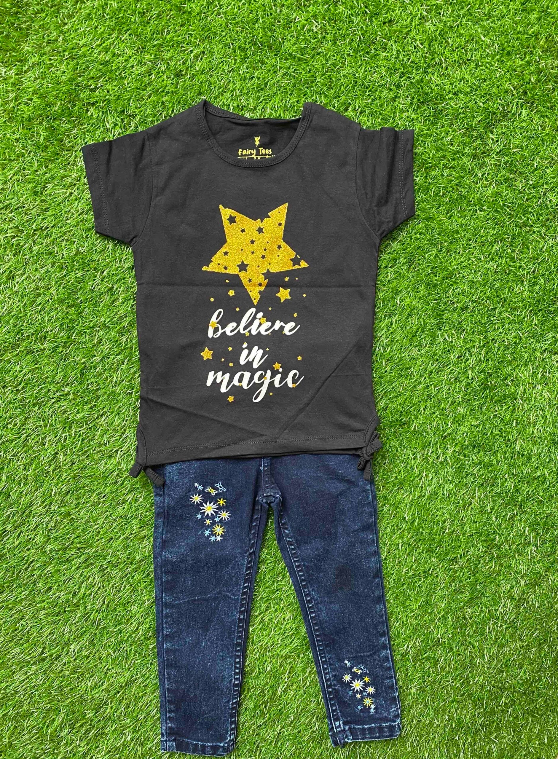 Stardust Dreams - Black Shirt Paired with Blue Jeans for girls