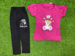 Magenta Girls Summer shirt and tight Teddy with all my hearts
