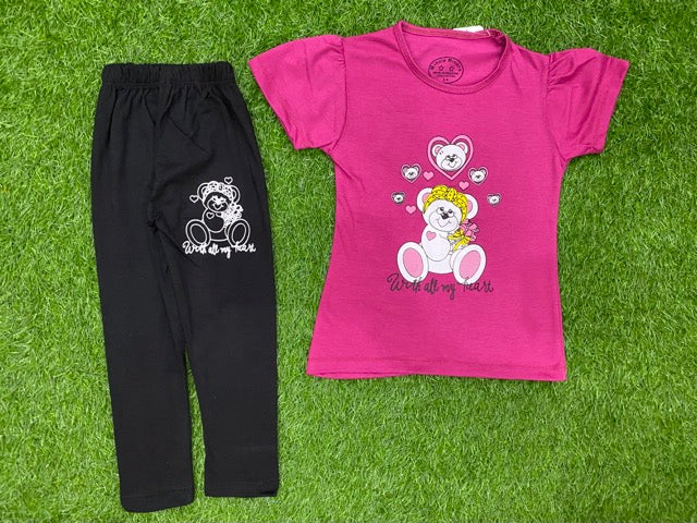 Magenta Girls Summer shirt and tight Teddy with all my hearts