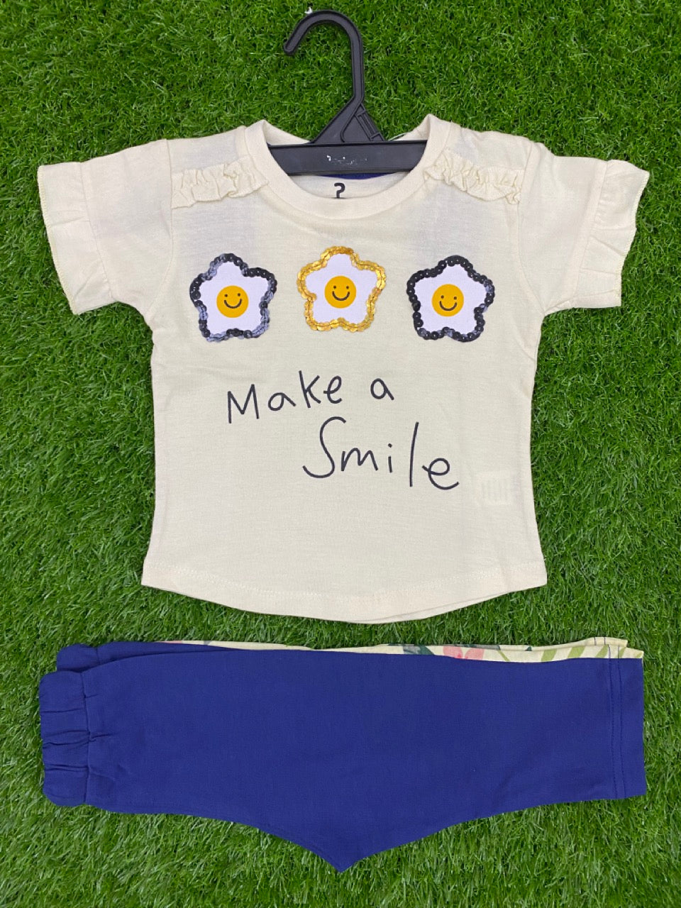 Sparkling Smile White Glitter Flower Summer T-Shirt & Trousers Set