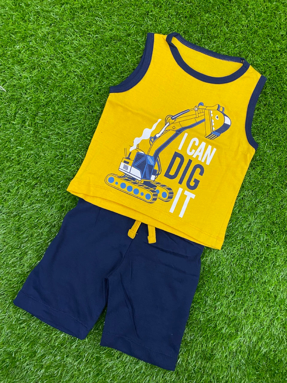Name: Mustard and Navy Blue Sando Sleeveless Shirt and Short Set