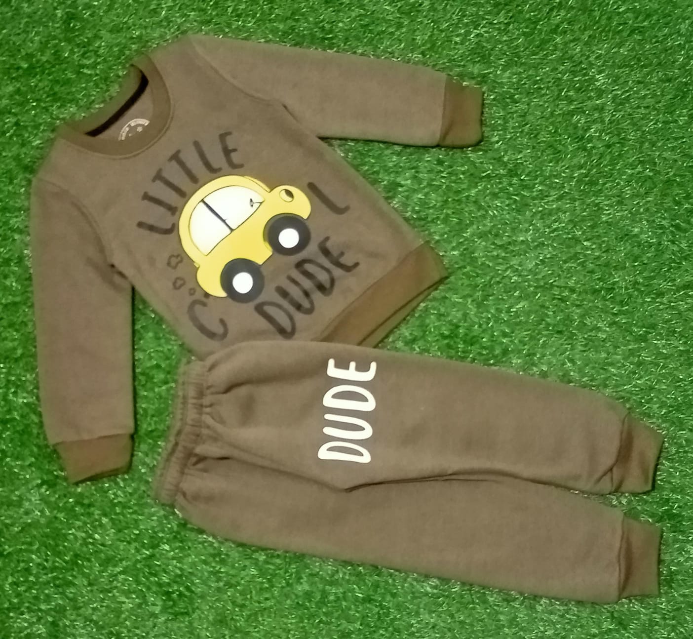 Kids Brown Sweatshirt & Jogger Set Car Print Winter Outfit for Boys