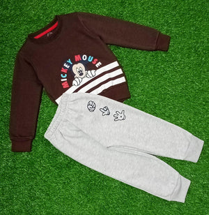 Kids Mickey Mouse Sweatshirt & Jogger Set | Brown & Grey Winter Outfit for Boys & Girls