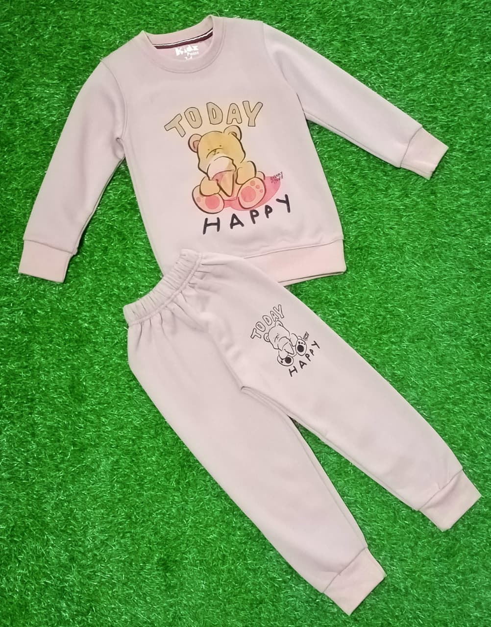 Kids Sweatshirt | Beige Teddy Bear Print “Today Happy” Outfit | Winter Wear for Boys & Girls
